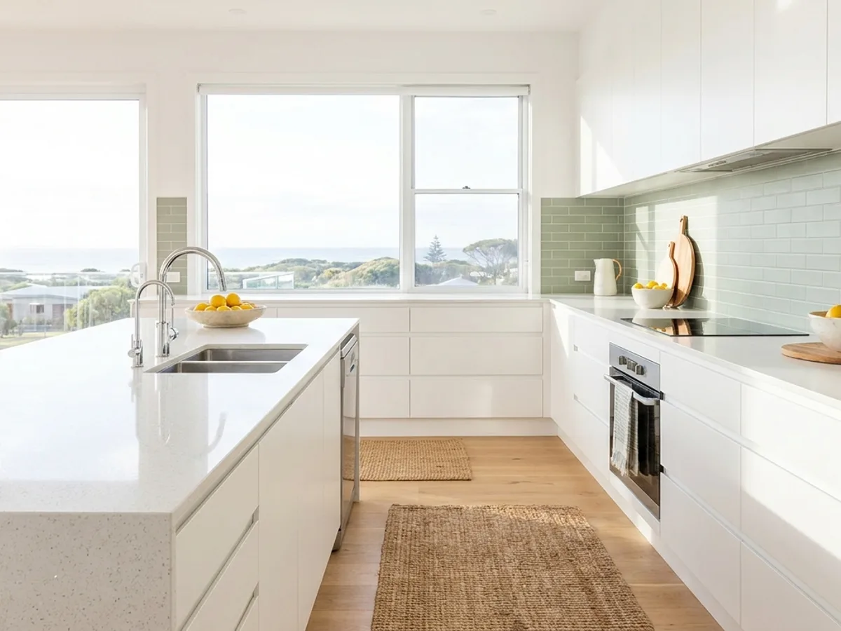 Sparkling clean white kitchen after a bond clean